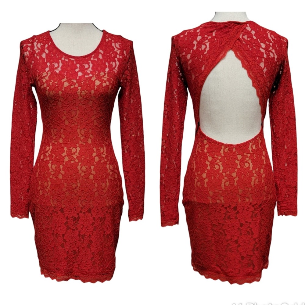Express Red Lace Mini Dress Womens XS Open Back Bodycon Cocktail Party Event